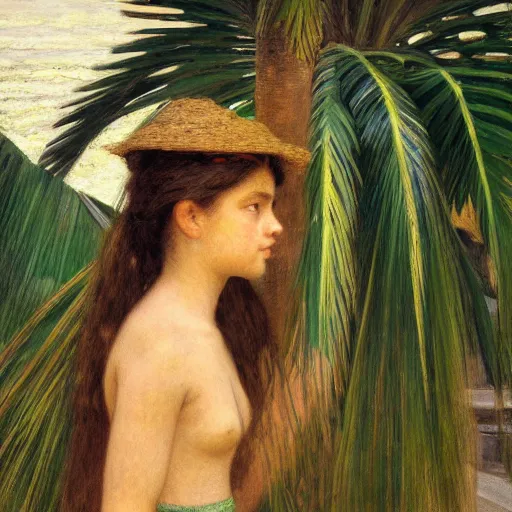 Image similar to a ultradetailed beautiful painting of a girl in the amazonas palace balustrade designed by jules bastien - lepage, tarsila do amaral, frank weston and gustave baumann, beach, trending on artstation, mediterranean, palm trees, detailed face, sharp focus, soft light, 8 k 4 k