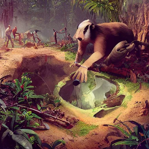 Prompt: Badger Archaeologists Digging a Hole Deep in the Amazon Jungle artwork by Sergey Kolesov, detailed, dynamic, cinematic composition