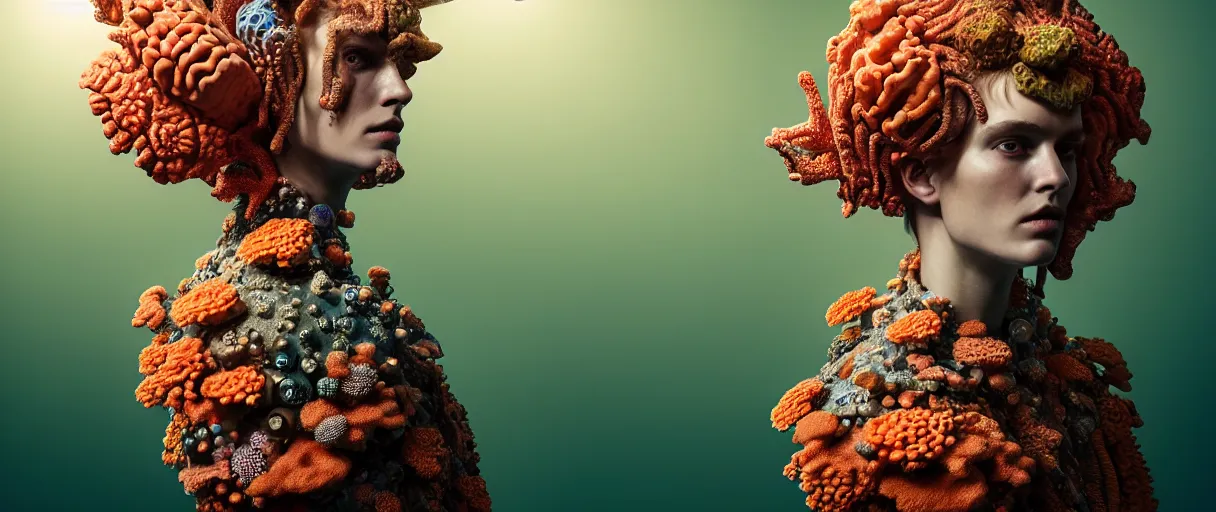 Image similar to hyperrealist highly detailed english medieval portrait of high fashion monster wearing reef armor, radiating atomic neon corals, concept art pascal blanche dramatic studio lighting 8k wide angle shallow depth of field