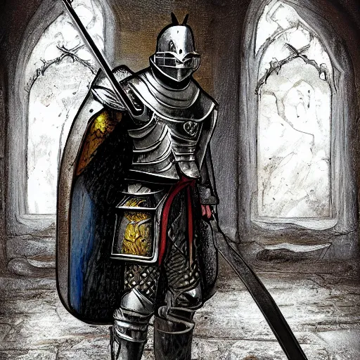 Image similar to a fantasy crusader knight in a broken down chapel holding a sword