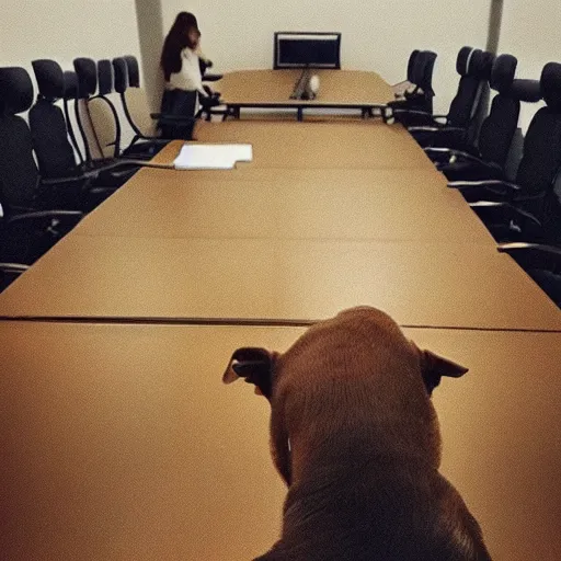 Image similar to “ dog at the head of a large conference table at a very intense meeting ”