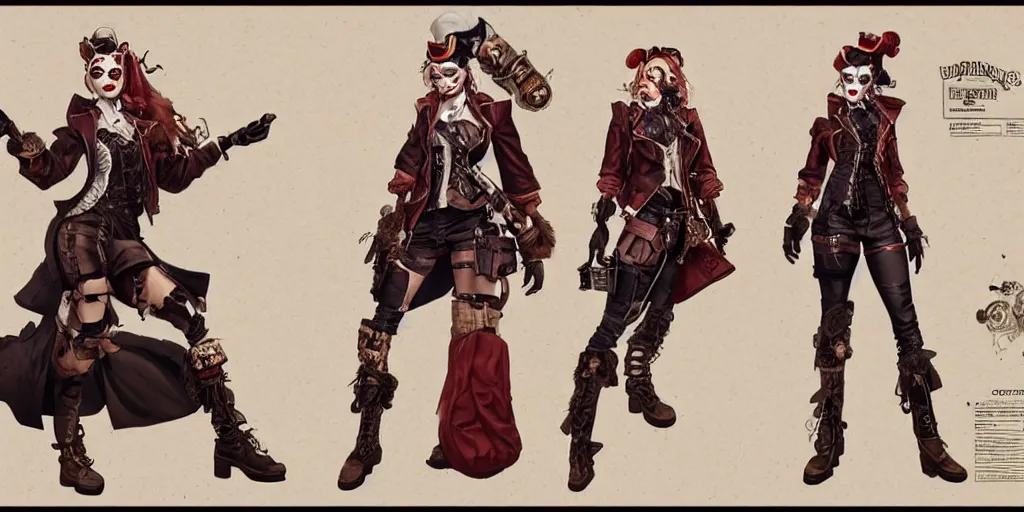 Prompt: steampunk harley quinn, character sheet, concept design, contrast, kim jung gi, greg rutkowski, zabrocki, karlkka, jayison devadas, trending on artstation, 8 k, ultra wide angle, pincushion lens effect