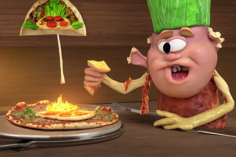 Image similar to cabbage character with pizza peel, royal walruss king wearing a crown, cooking pizza in a wood fired oven, highly detailed 3 d render, funny, surrealism, pixar