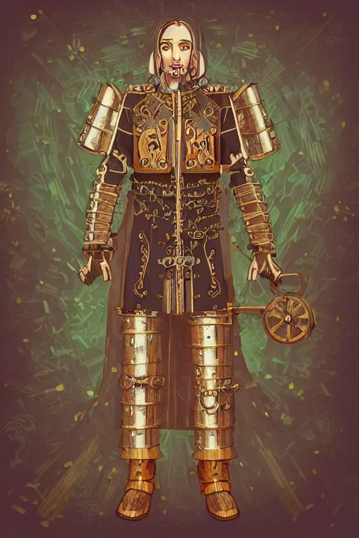 Image similar to beautiful calm bright ai generated fullbody character illustration of a medieval timetraveller highpriest in ornated wooden armor and decorated sacred outfit and heavily equipped with steampunk cyberwares. rendered by machine.delusions. inspired by: @machine.delusions on instagram. Slightly reminds to ghibli studios