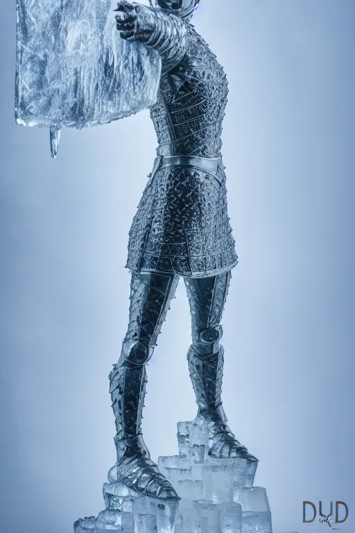 Image similar to a sculpture of female knight made of ice, symmetry, cinematic, elegant, luxury, perfect light, perfect composition, dlsr photography, sharp focus, 8 k, ultra hd, sense of awe, highly detailed, realistic, intricate