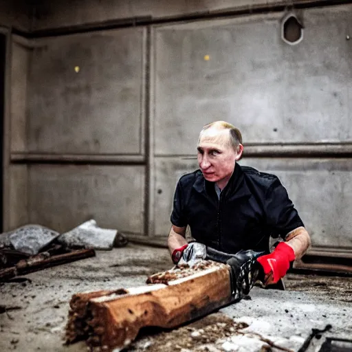 Image similar to putin with a chainsaw. in a concrete bunker with a pile of corpses. focus on putins face with blood splatters. canon eos r 3, f / 1. 4, iso 1 6 0 0, 1 / 8 0 s, 8 k, raw, grainy