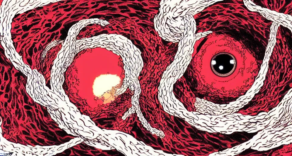 Prompt: a volcano made of ivory vines and crimson rocks enters in eruption, it spits a smoke in the shape of demonic eye, by Eiichiro Oda