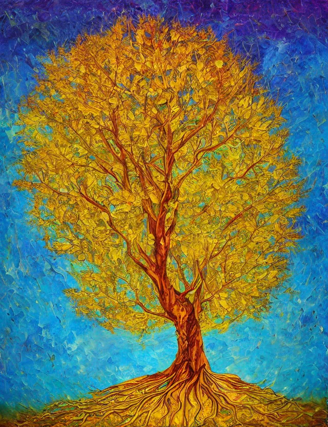 Image similar to tree of knowledge erudite gnostic wisdom, golden boughs and roots, celestial skies and lambent clouds, oil painting award winning, chromatic aberration bright colors