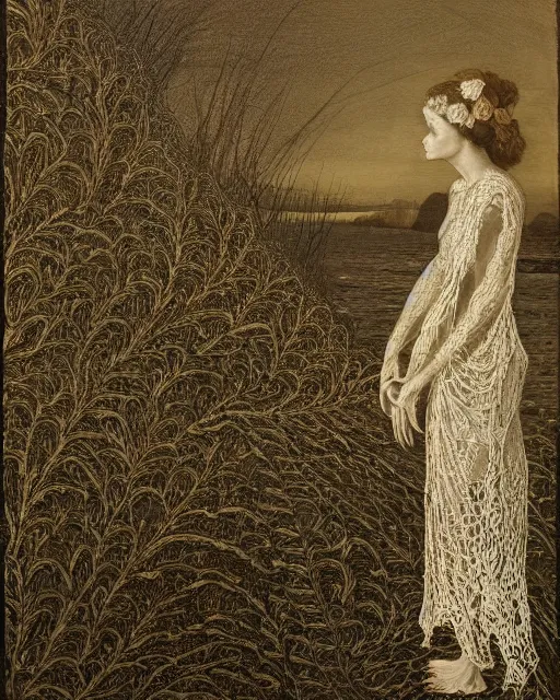 Image similar to a woman standing at the shore, made of intricate decorative lace leaf skeleton, in the style of the dutch masters and gregory crewdson, dark and moody