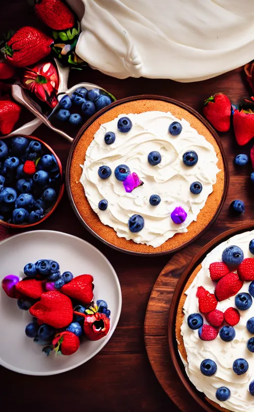 Image similar to A photo of a swedish cake from the side on a wooden table, with cream spread on the sides and strawberries, raspberries and blueberries placed in circles on top. Sunset. 4K. Cinematic lighting. High detail. Realistic. Delicious.