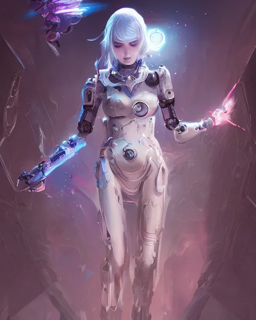 Prompt: holy cyborg necromancer girl, elegant, scifi, futuristic, utopia, garden, illustration, atmosphere, top lighting, blue eyes, white hair, focused, artstation, highly detailed, art by yuhong ding and chengwei pan and serafleur and ina wong