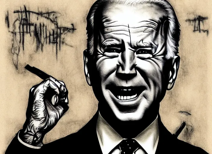 Prompt: an extremely detailed masterpiece grunge drawing of joe biden, in the style of richard avedon, after life, loony toons style, horror themed, detailed, elegant, intricate, trending on artstation, 4 k