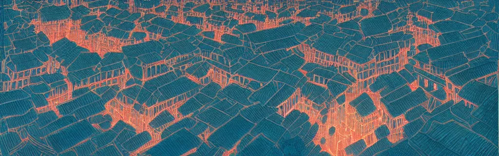 Image similar to a beautiful painting of the ancient city in china at night by victo ngai, river reflectioneffect, unreal engine, trending on artstation ， super wide view ， 4 k resolution,