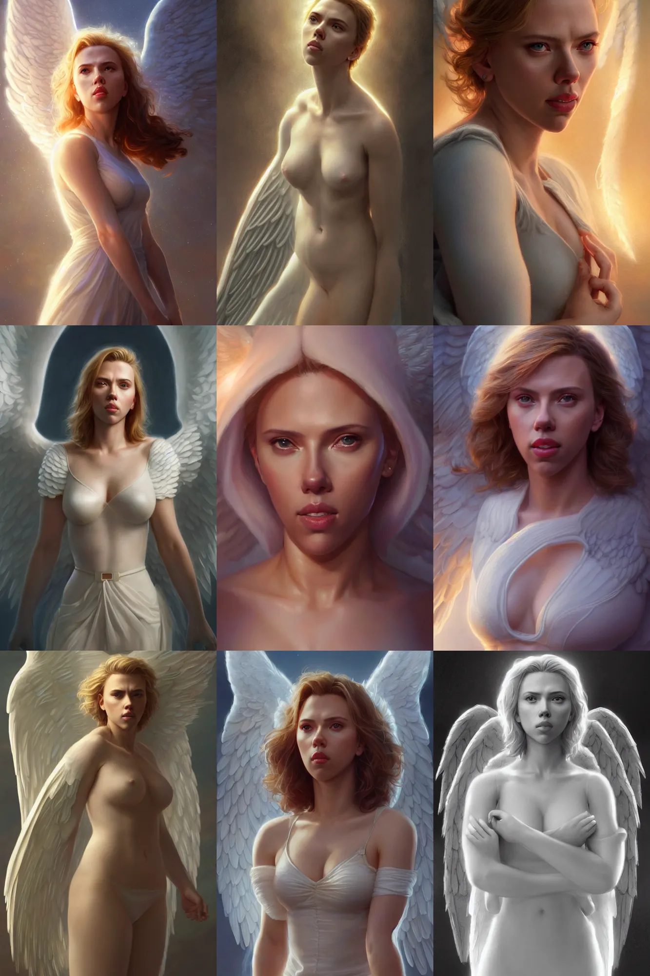 Image similar to scarlett johansson as a heavenly angel, anatomy, bathed in light, highly detailed, photorealistic, artstation, smooth, sharp focus, illustration, unreal engine 5, 8 k, art by artgerm and greg rutkowski and edgar maxence