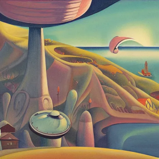 Prompt: painting of mysterious alien saucer hovering over seaside village, 1939, by Thomas Hart Benton