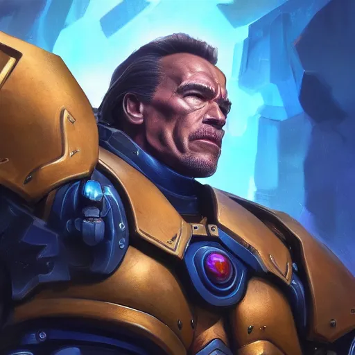 Image similar to a screenshot of arnold schwarzenegger as reinhardtin overwatch, portrait, fantasy, beautiful face, vivid colors, elegant, concept art, sharp focus, digital art, hyper - realistic, 4 k, unreal engine, highly detailed, hd, dramatic lighting by brom, trending on artstation