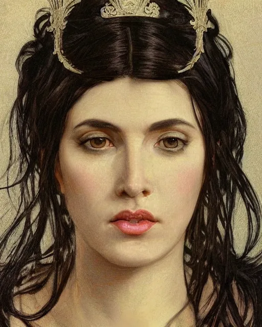 Image similar to portrait of a tall 4 0 - year - old woman with thin lips, long, lush black hair like a crown black, and thick eyebrows, wearing in black clothes, aristocratic appearance, hyper realistic face, beautiful eyes, close up, fantasy art, in the style of greg rutkowski, intricate, alphonse mucha, hyper detailed, smooth
