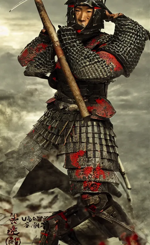 Prompt: yari ashigaru, trading card front, samurai clothing, japanese anciet battle armors, realistic anatomy, war photo, professional, by ufotable anime studio, green screen, volumetric lights, stunning, castle in the background, metal hard surfaces, generate realistic face, dirt and smoke