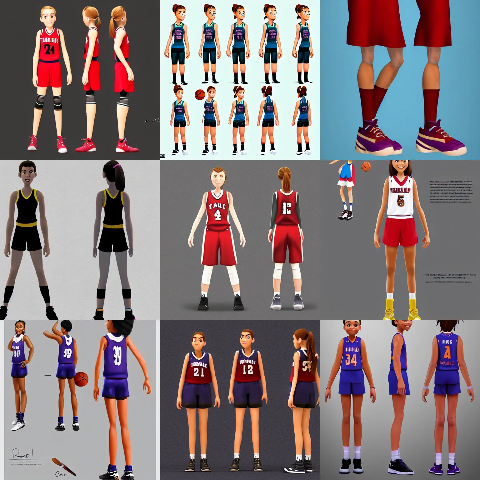 Prompt: Extremely tall, strong, teenage female basketball player, pixar character model sheet turnaround, studio, trending in Artstation, official media, 4K HD, by Bill Presing