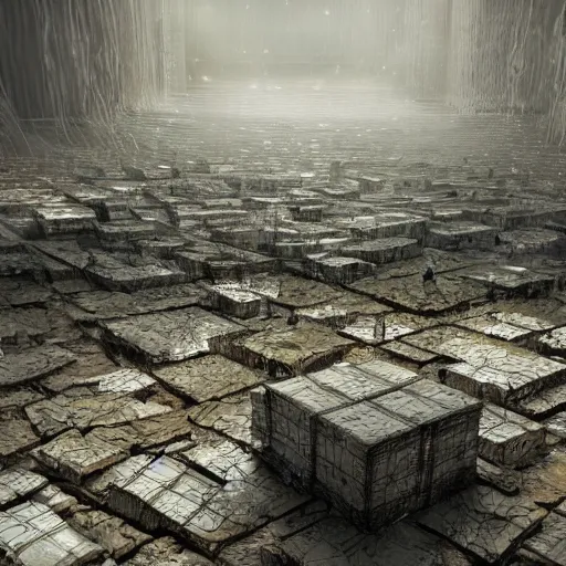 Image similar to thousand of cube dumped ,hyperrealistic mixed media high resolution , stunning 3d render Unreal Engine , dim volumetric lighting, 8k octane beautifully detailed render, post-processing, extremely hyper-detailed, intricate, epic composition, highly detailed attributes, highly detailed atmosphere, cinematic lighting, masterpiece, trending on artstation, very very detailed, masterpiece, stunning, flawless completion, perfection,