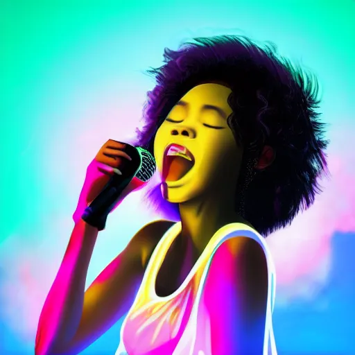 Image similar to beautiful blasian woman singing into microphone, hip hop vaporwave, abstract background, neon, photorealistic, detailed, 4k