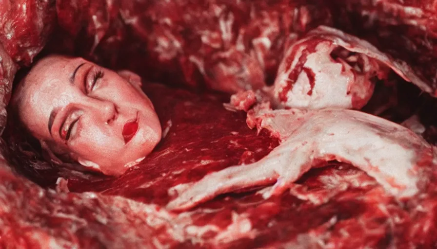 Image similar to 5 0 s movie still of a bloody woman in a meat cocoon, cinestill 8 0 0 t 3 5 mm technicolor, heavy grain, high quality, high detail