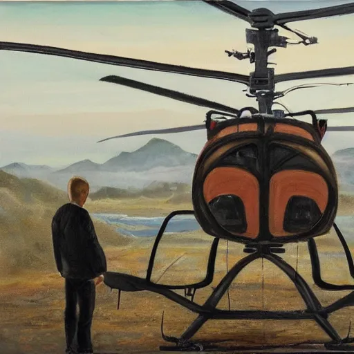 Prompt: painting of blonde swedish guy and tall korean guy in front or robinson helicopter