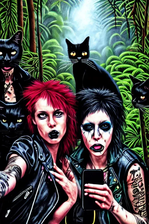 Image similar to punk rock girls kissing and making selfie with black cats in jungle , 1980 style, mad max jacket, post apocalyptic, Cyberpunk, renaissance, Gothic, mystic, highly detailed, 4k, fog, oil painting on canvas, sharp focus,, hyper realistic style, dramatic lighting, fantasy by Olga Fedorova