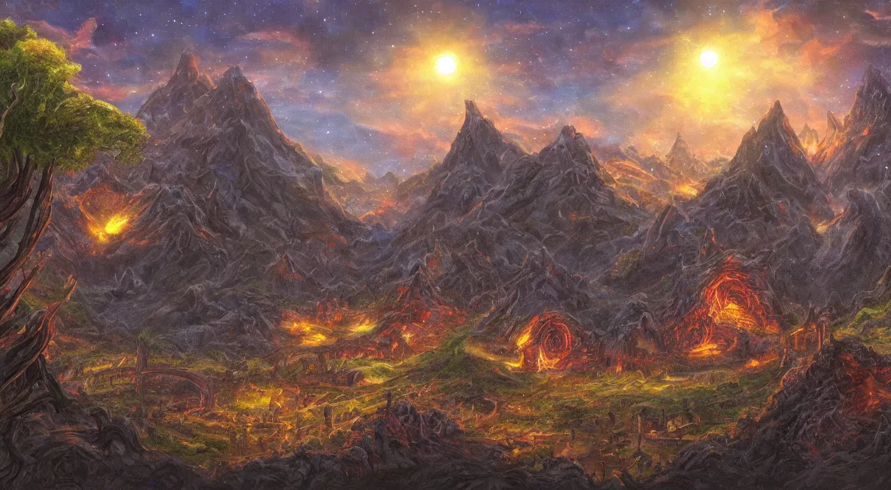 Image similar to The village on the sun under the lava mountains in the lord of the rings lore stylized galaxy and realm of fantasy adventure. Woo hoo I love being fantastical! Landscape scenery painting for an art contest.