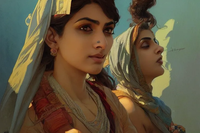 Image similar to Anxious good looking pale young Indian doctors arguing, portrait, elegant, intricate, digital painting, artstation, concept art, smooth, sharp focus, illustration, art by artgerm and greg rutkowski and alphonse mucha