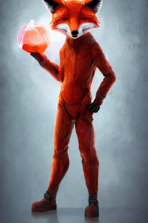 Prompt: a humanoid fox wearing scientist's clothes holding a red chemical, digital painting, masterpiece, digital art, high quality, highly detailed, concept art, trending on deviantart, high coherence, anatomically correct, five fingers, cinematic, high definition, path traced, laboratory background