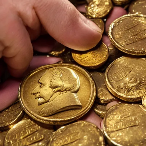 Image similar to a closeup photorealistic photograph of a happy George Washington inspecting small gold Doubloon coins at his home on Cherry Street. This 4K HD image is Trending on Artstation, featured on Behance, well-rendered, extra crisp, features intricate detail and the style of Unreal Engine.