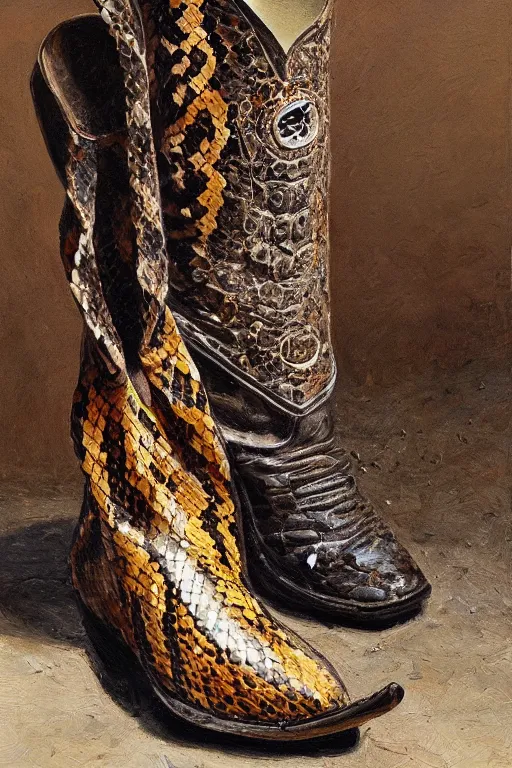 Image similar to cowboy boot with a snake coming out of it, oil on canvas, intricate, 8 k highly professionally detailed, hdr, cgsociety