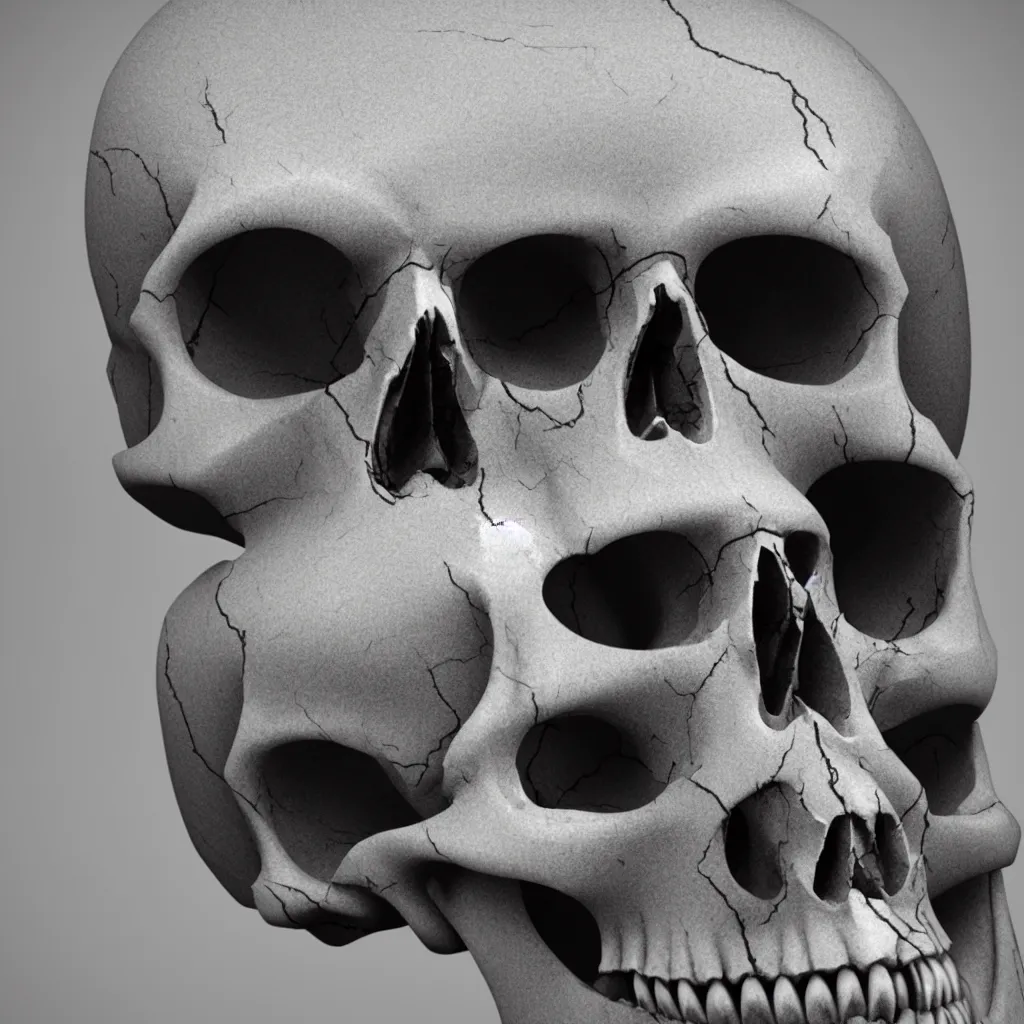 Prompt: octane render of a skull made out of marble, breaking into many pieces