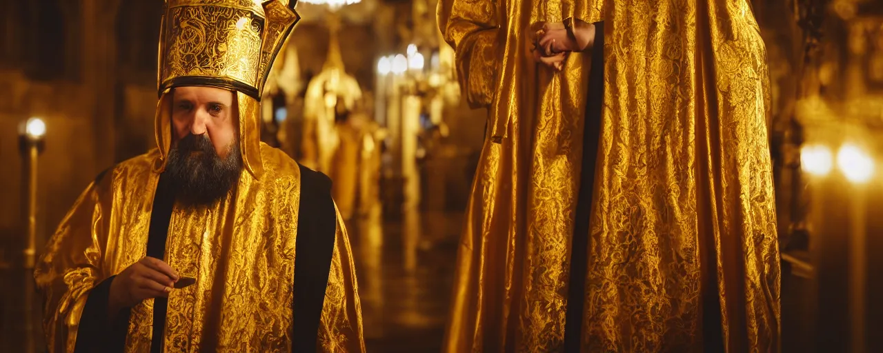 Image similar to orthodox priest in golden clothes with cute caracal head, wearing vr, in orthodox church, orthodox icons, volumetric lighting, night, atmospheric, ambients, dramatic, noir, blur, bokeh, cinematic, shallow depth of field, 8 0 mm, f 1. 8