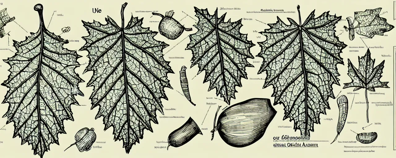 Prompt: a full page schematic diagram illustration of a vine leaf and an oak acorn, ultra detailed, 4 k, intricate, encyclopedia illustration, fine inking lines