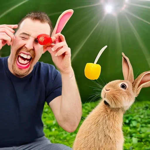 Prompt: a man with a long nose, eating fruits, maniac, idiot, rabbit ears, midshot, camera photography, award winning