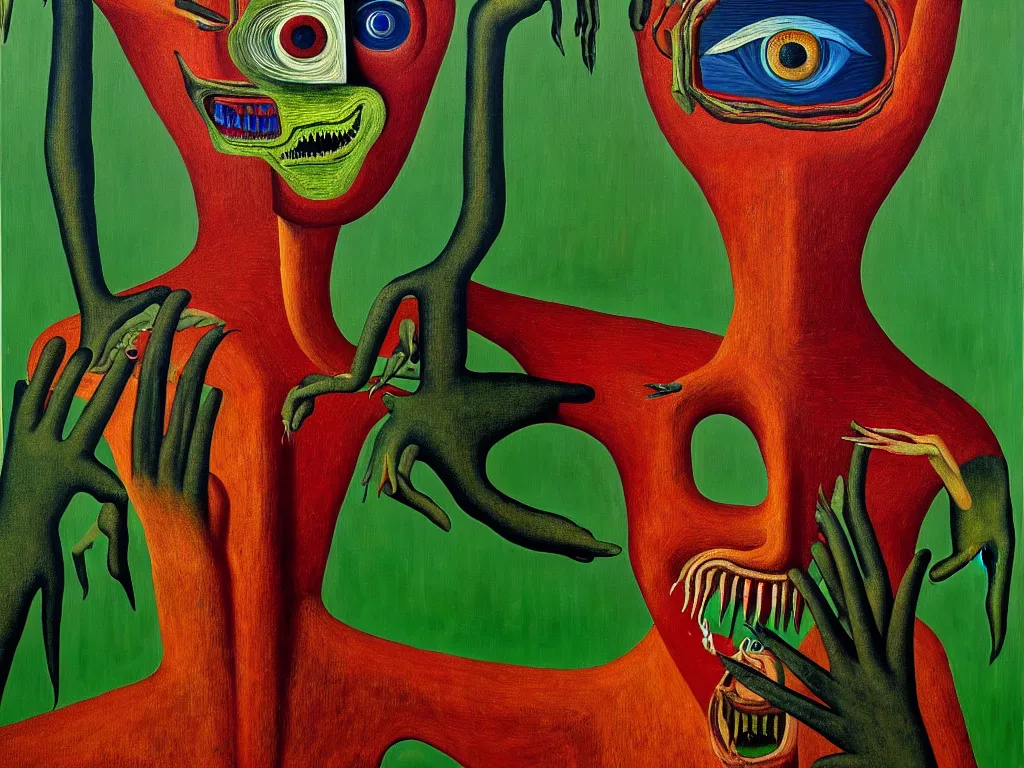 Image similar to a painting of a human with a hand face with a centered eye, mouth with sharp teeth centered on the neck, legs that melt into a forest, forest background, highly detailed, 4 k, art by max ernst