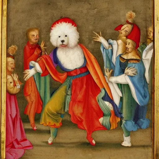 Image similar to bichon frise in a jester outfit dancing, medieval painting