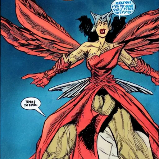 Image similar to a female wizard with wings snarls at her superhero enemy, by todd mcfarlane