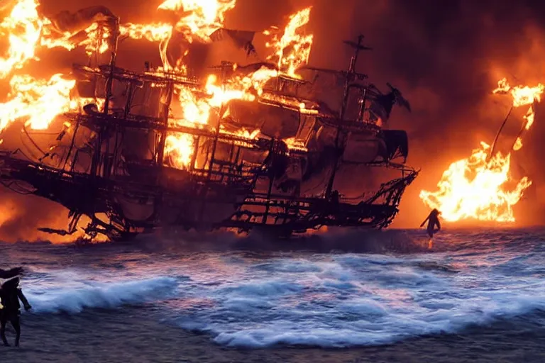 Prompt: vfx movie closeup portrait pirate crew running down beach as pirate ship fires canons, sand explosion by emmanuel lubezki