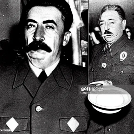 Prompt: joseph stalin eating at mcdonald's, press photo, caught off guard, surprised, paparazzi