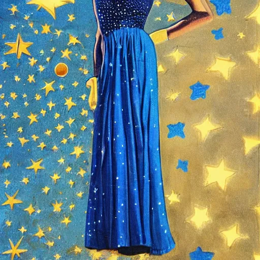 Prompt: hyperdetailed realistic woman, 1980s, in a long blue dress, surrounded by stars