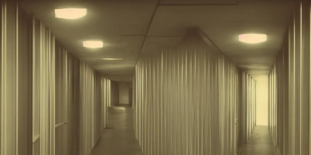 Image similar to noisy color photograph of a retrofuturist liminal space, hallways, minimalist, oddly familiar, cinematic, soft vintage glow