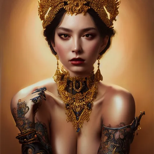 Prompt: expressive oil painting, of alluring european princess, seductive look, smooth glowing skin, glistening body, love, adoration, ornate headpiece made from black beads, choker, earrings, glamour shot, ornate tattoos, by yoshitaka amano, by greg rutkowski, by jeremyg lipkinng, by artgerm, digital art, octane render