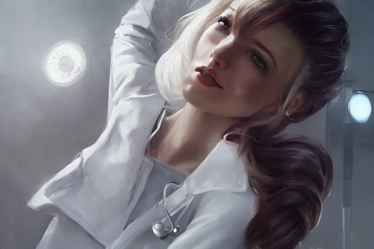 Prompt: an elegant and beautiful female doctor in a white coat in a hospital ward, cinematic, highly detailed, digital painting, artstation, concept art, matte, sharp focus, illustration, art by artgerm and greg rutkowski