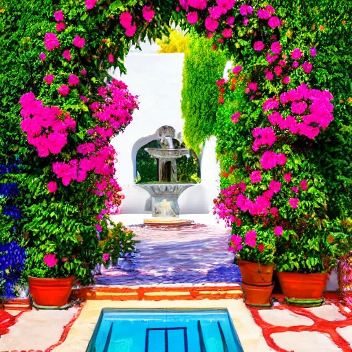 Image similar to surrealist andalusian patio with white tall arches, beautiful roses flowers and ropes on the walls, fountain inside, sunny vivid light, colorful composition, photographic details wide lens, intricate details