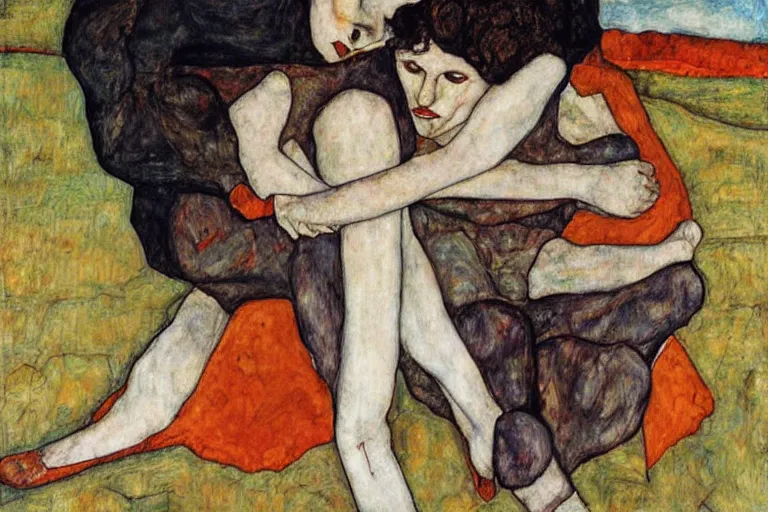 Image similar to close friends, sitting on the edge, by rotalla mimmo and egon schiele