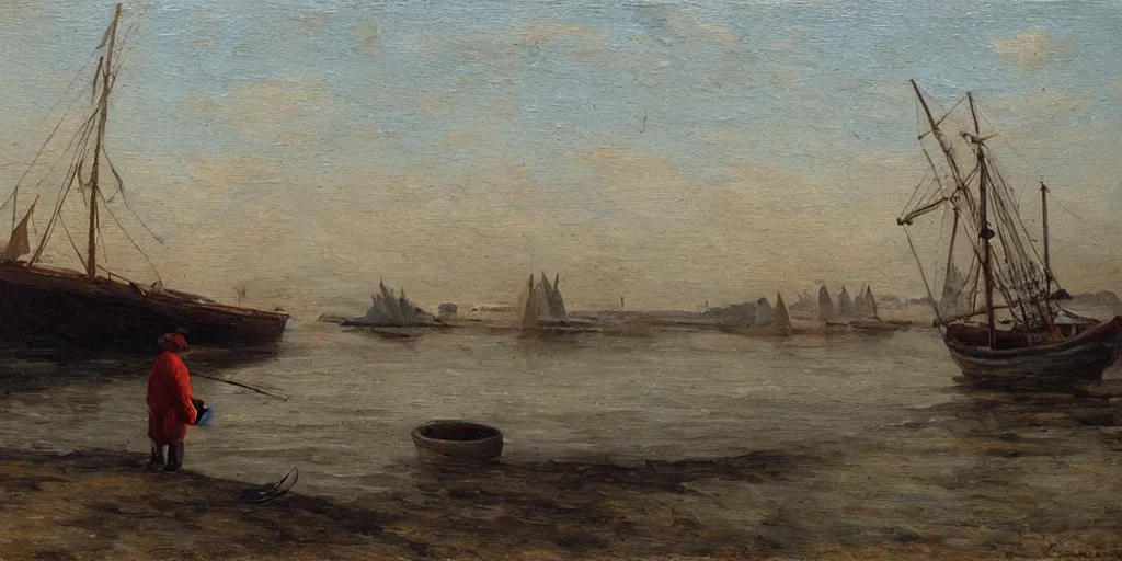 Image similar to old fisherman at work on his boat. early morning. late 1 9 th century. oil on canvas.