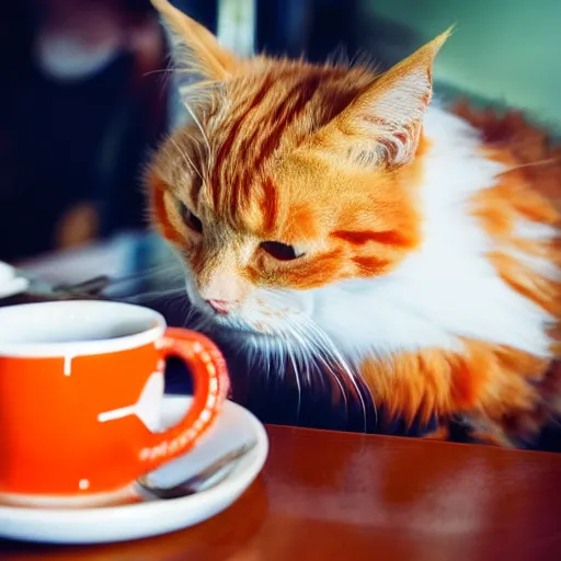 Prompt: a fluffy orange cat eating breakfast at a diner, 4k.